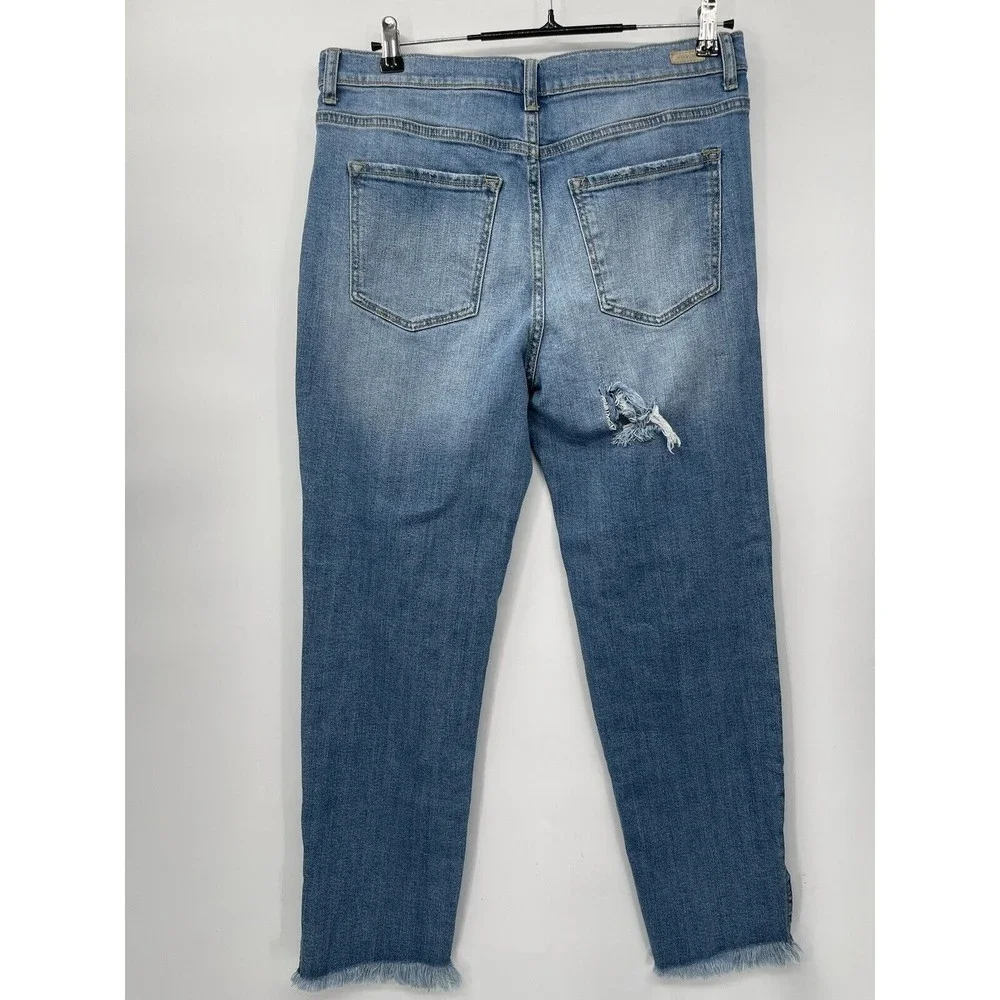 Sneak Peek 11/30 Distressed High Rise Jeans Womens Blue Frayed Hem‎ Side Slit